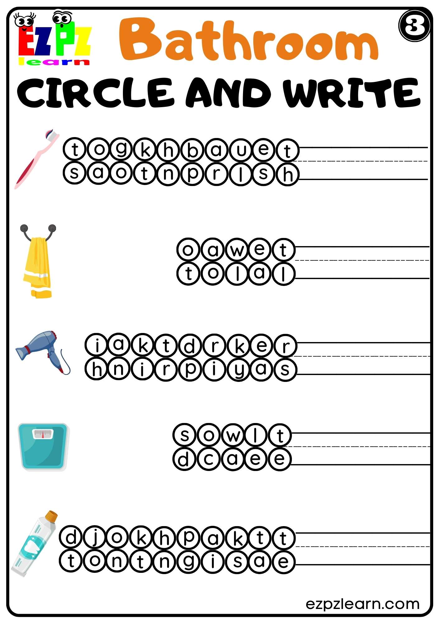 Bathroom Circle and Write Worksheet Set 3 for ESL and Homeschool PDF Download